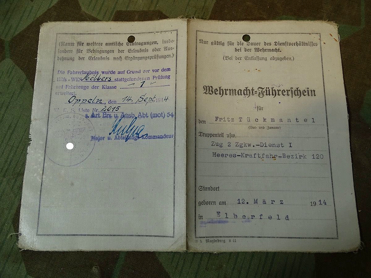 Wehrmacht Führerschein Fritz T. aus Wpt.l, 2. ZgKw, Heeres Kraftfahr Bezirk 120, Kl.1+2, Zugkraftwagen über 10 To.