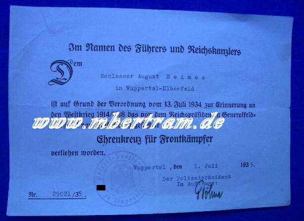 Urkunde Ehrenkreuz für Frontkämpfer, Wuppertal 1935