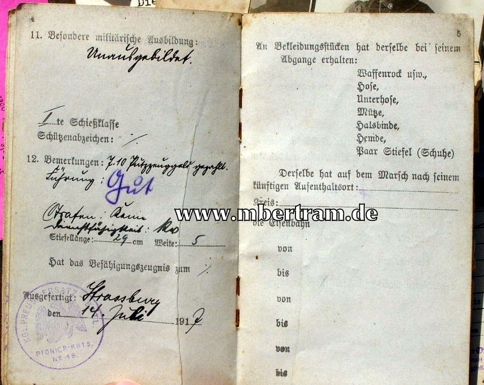 12440-5 Dokumente u. Militärpass " Kgl. preuss. Bombenstaffel 11...