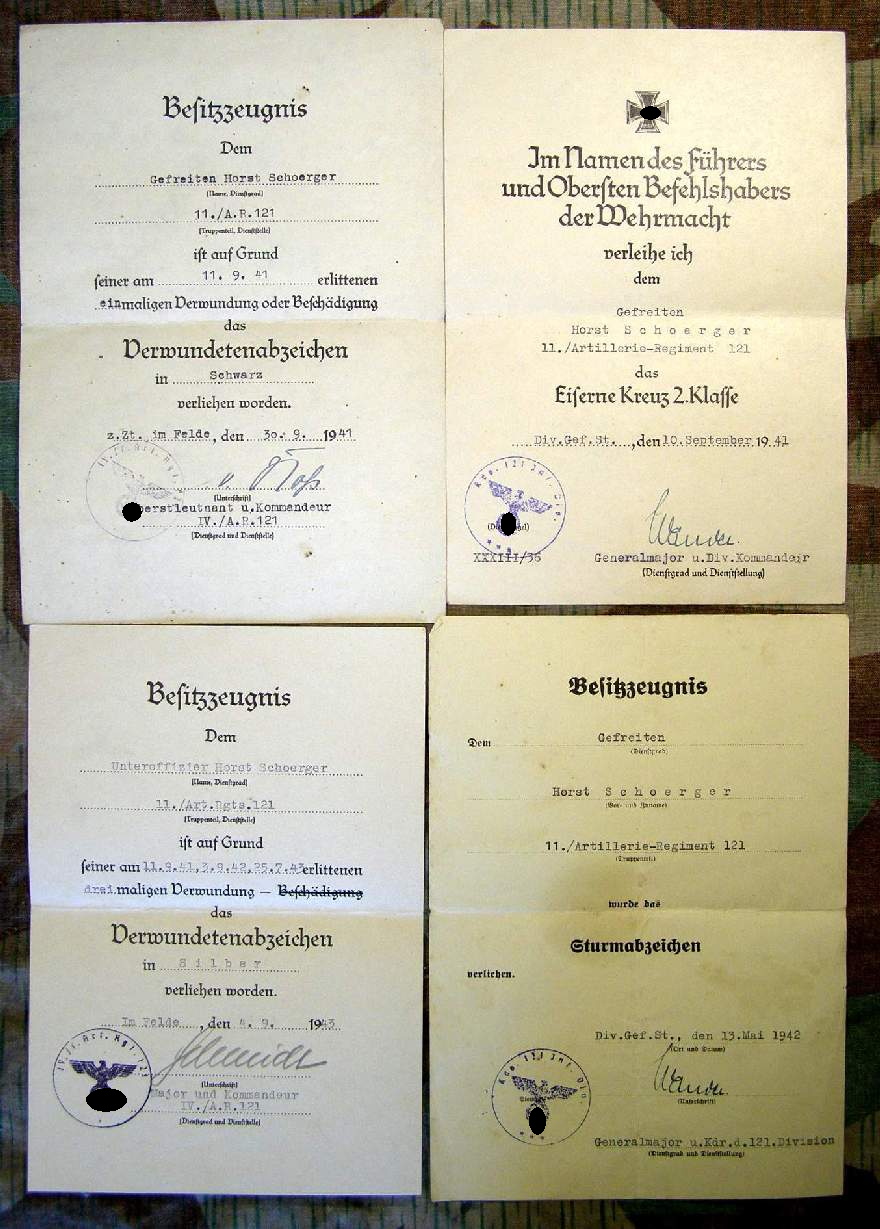 4 Urkunden: 11.Art.Rgt.121, VWAsi.,EK2,ASA, 2 RK.Sign.
