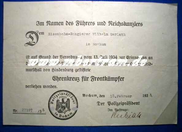 Urkunde für Ehrenkreuz für Frontkämpfer, Bochum 1935