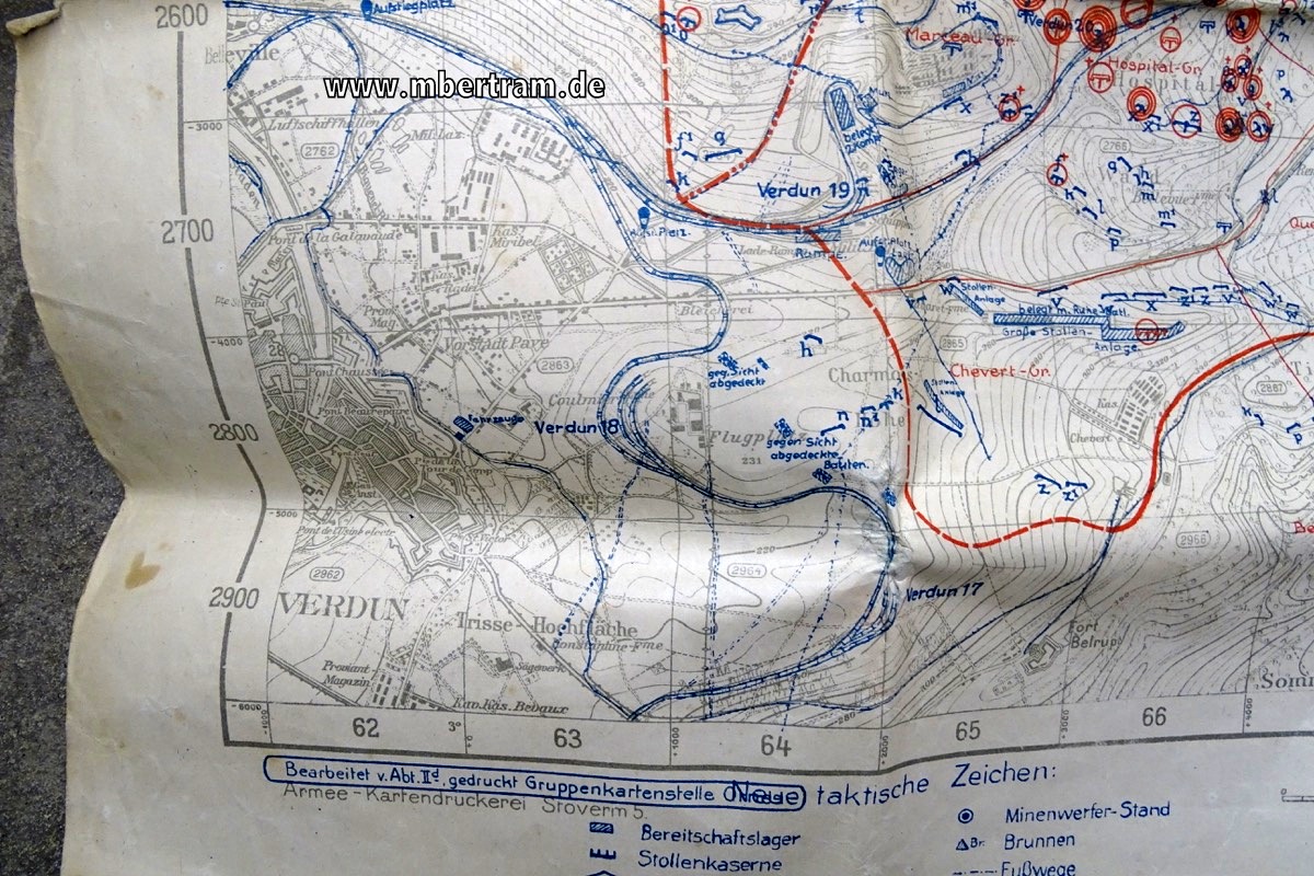 17467-8 Artillerie Frontkarte Verdun 1918 mit eingedruckten und handschriftlichen Einträgen