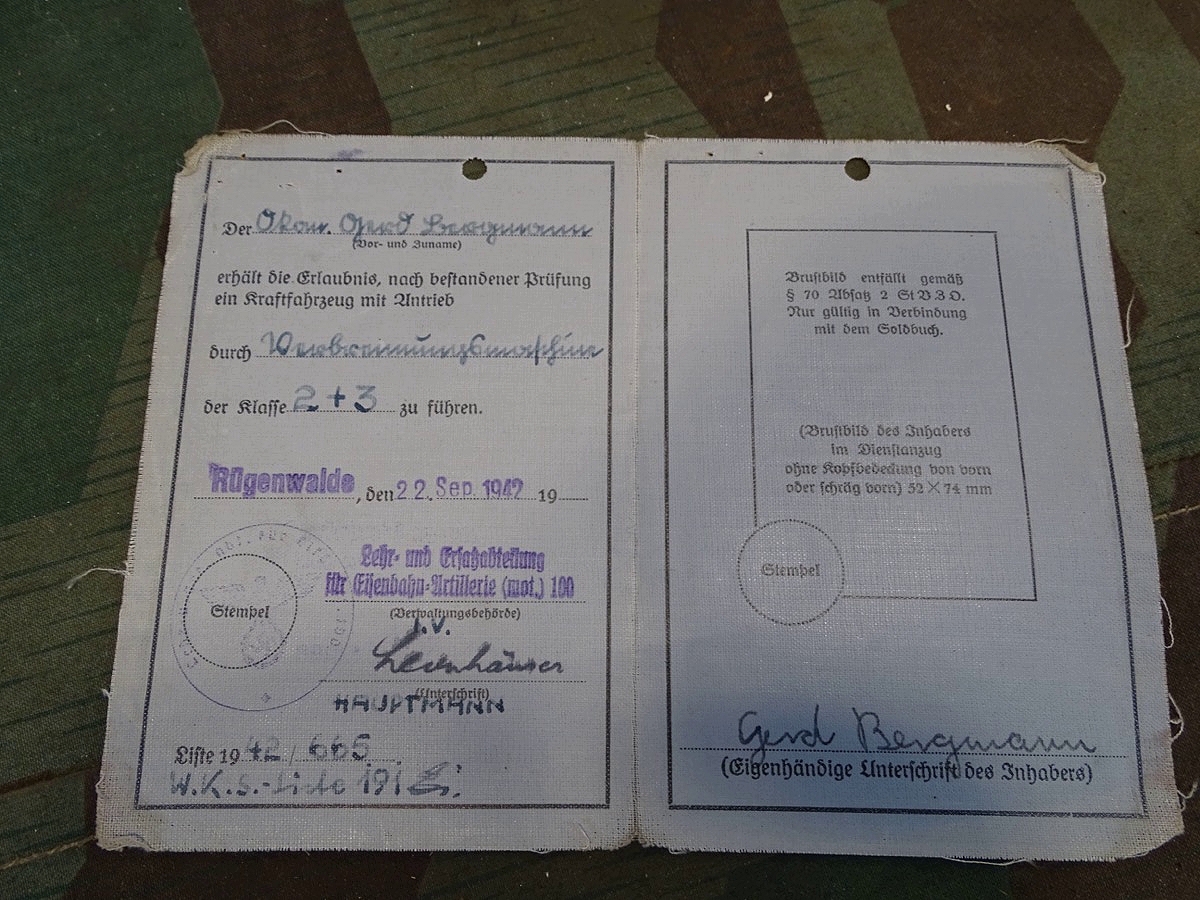 Wehrmachts Führerschein Lehr u E Abt. Für Eisenbahnartillerie ( mot ) 100 Rügenwalde, 1942