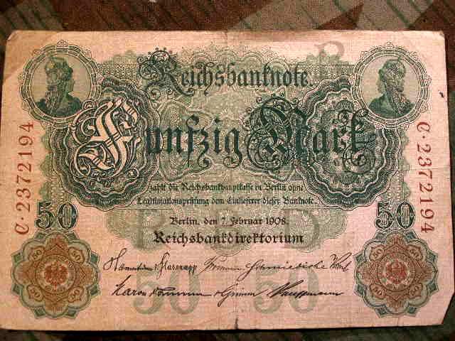 Reichsbanknote 50 Mark, kunstvoller Originalschein vor 1918.