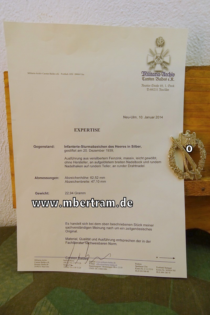 Infanteriesturmabzeichen in Silber,  Feinzink, leicht gewölbt,  versilbert, mit Expertise