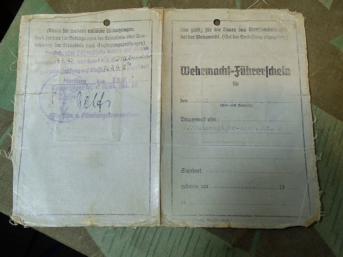 Wehrmacht Führerschein Paul O., 5. Panzerjäger A. Abt. 2.Kolberg,  ! Panzer A b. 15 Tonnen. ! . ,Kl. 2+3