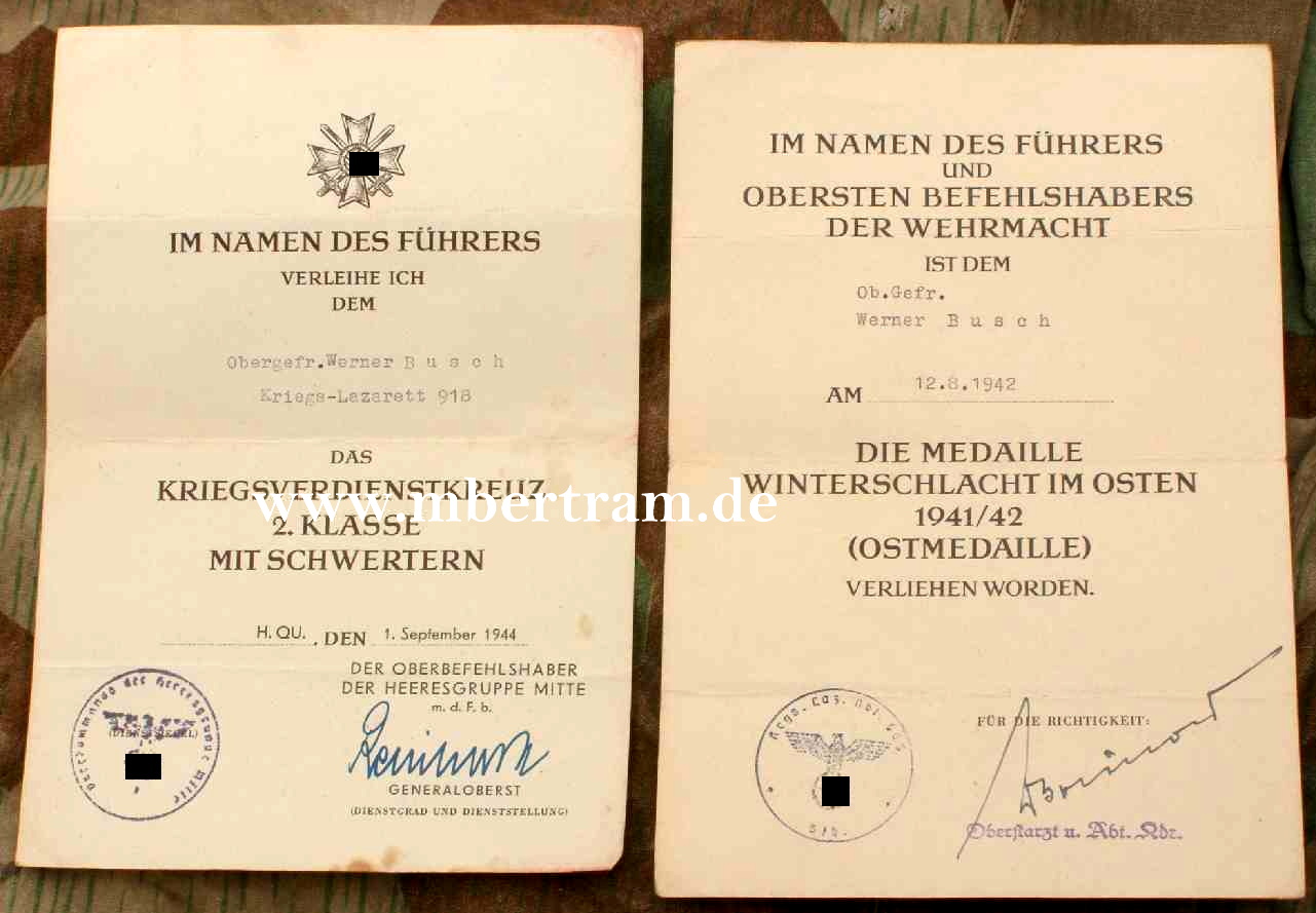 2 Urkunden: KvK 2.Kl. m. Schw..1944, Ostmedaille 1942