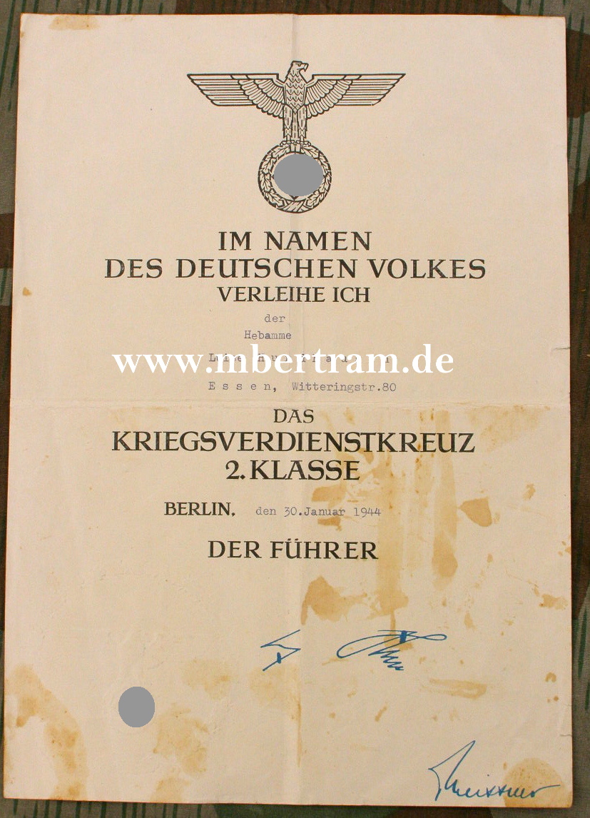 Urkunde KvK 2, Hebamme Luise H. Essen, 30.1.1944. Din A4