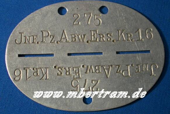 Erkennungsmarke Inf. Panzer Abwehr, Ers. Kp. 16, Alu