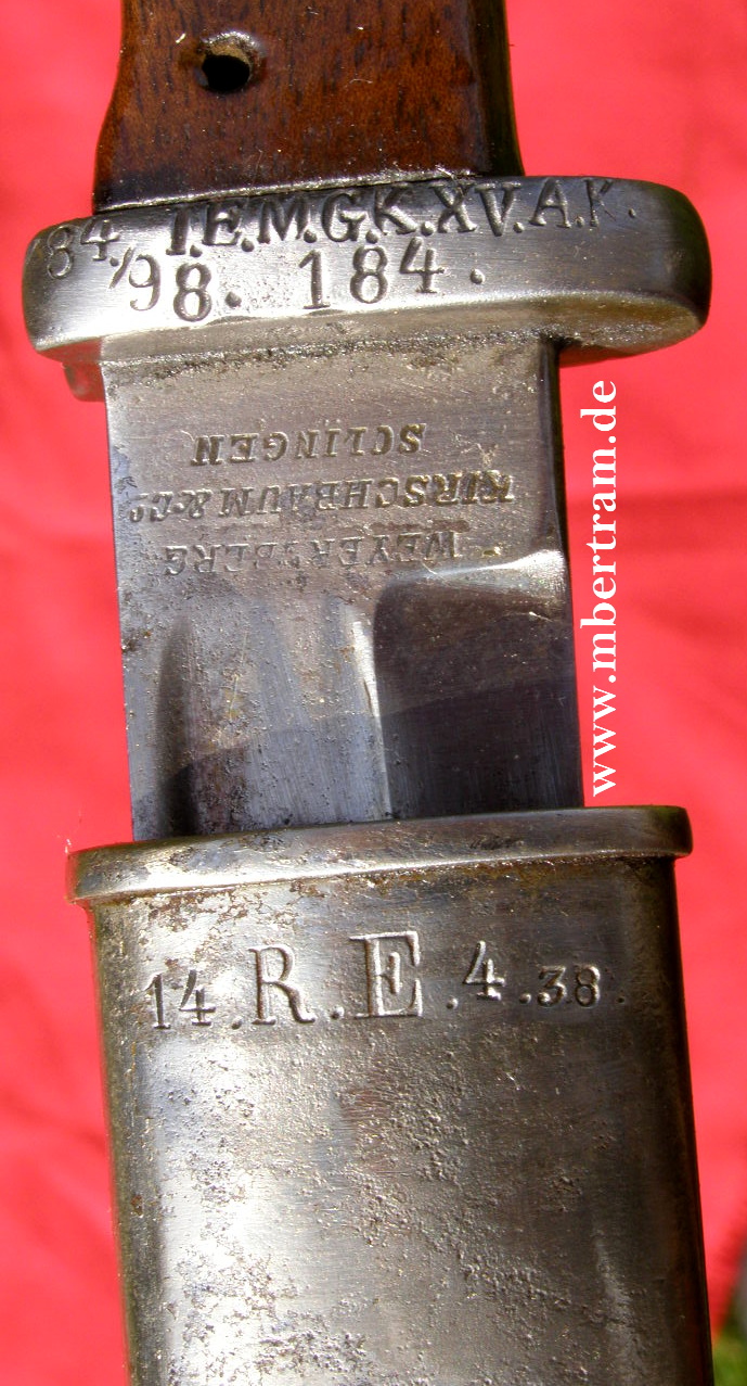 10364-7 Preußen Seitengewehr M 1884/98 a.Art, Doppelhersteller WKC u. Erfurt, 1. Ersatz-MG-Kompanie