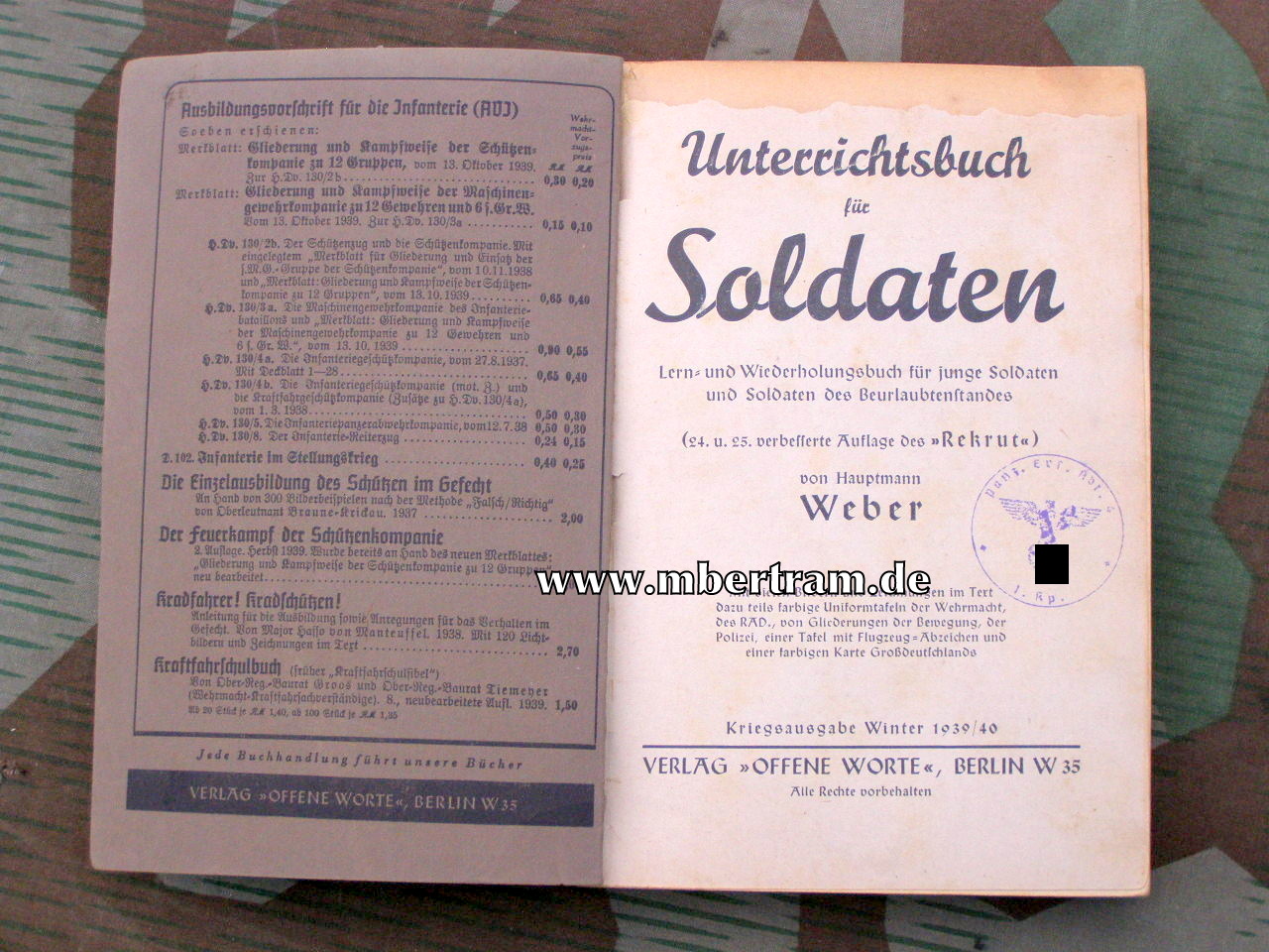 12104-2 Weber: Unterrichtsbuch für Soldaten- E-Ausgabe für mot. Truppen 1939/40,Panzer Ers. Abt. 4, 1. Kp