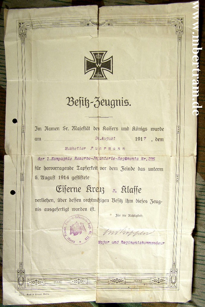 Grossformatiges Besitzzeugnis EK 2 1914