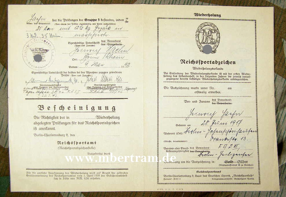Widerholungs Urkundenblatt zum Reichssportabzeichen silber