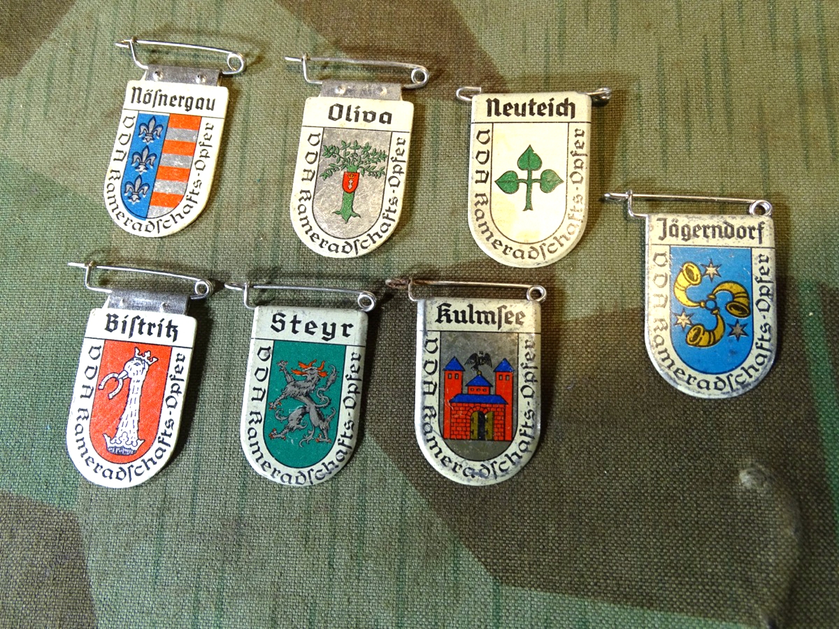 WHW 7 Stück "Wappen deutscher Städte" ,Blech. Nösnergau, Olivia, Neuteich, Bistritz,Steyr, Kulmsee, Jägerndorf