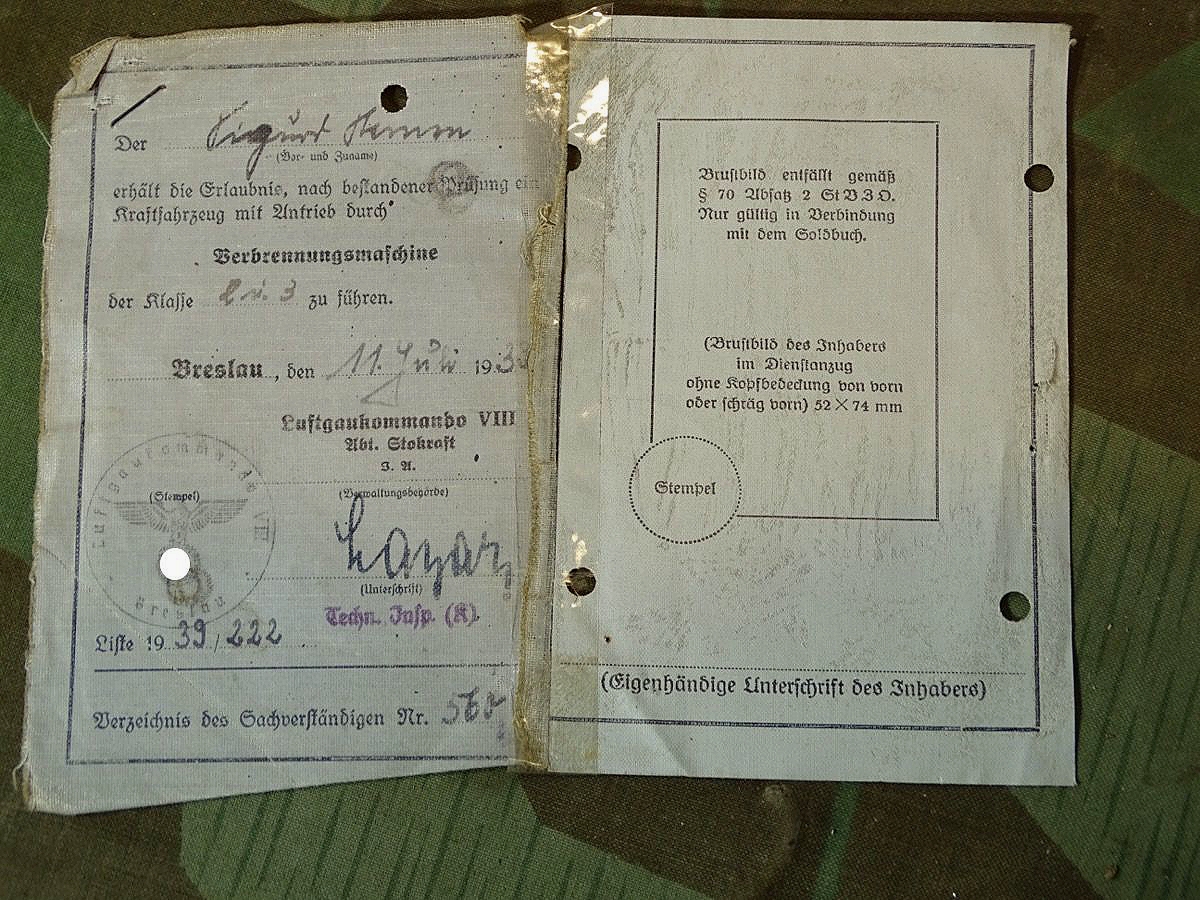 Lufttwaffen Führerschein S.Stamm aus SG, 3 (F) Aufklärungsgruppe 31, Brieg, , Kl.2+3, Generator KFZ