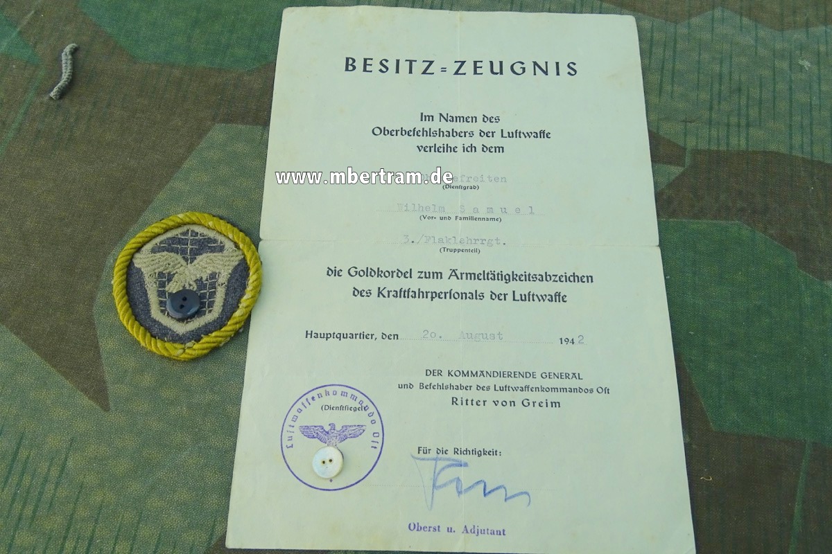 Luftwaffe Ärmelabzeichen und Urkunde Kraftfahrpersonal mit Goldkordel