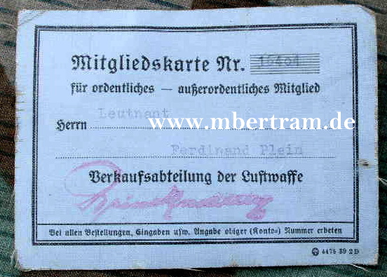 Ausweis / Mitgliedskarte f. Verkaufsabteilung der Luftwaffe.