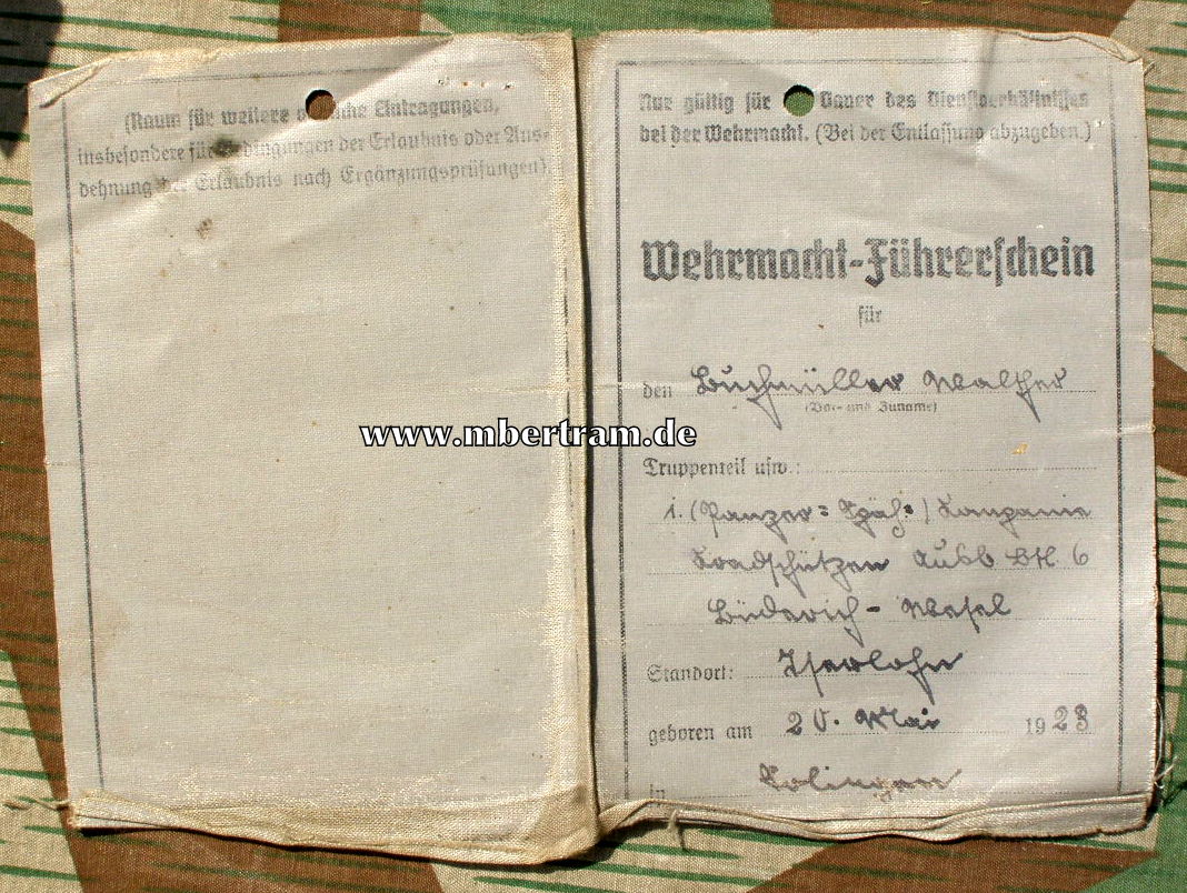 WH Führerschein, 1. Pz. Jg. Kp. Kradschützen Ausb. Btl. 6
