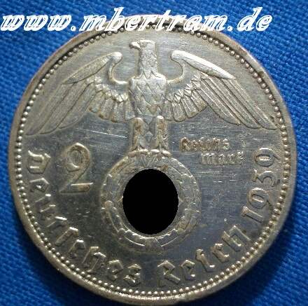 2 Reichsmark, Kunstvolle Originalmünze 30/40er Jahre