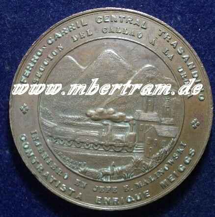 Medaille Einweihung Eisenbahn in Lima 1870. Buntmetall, 5cm