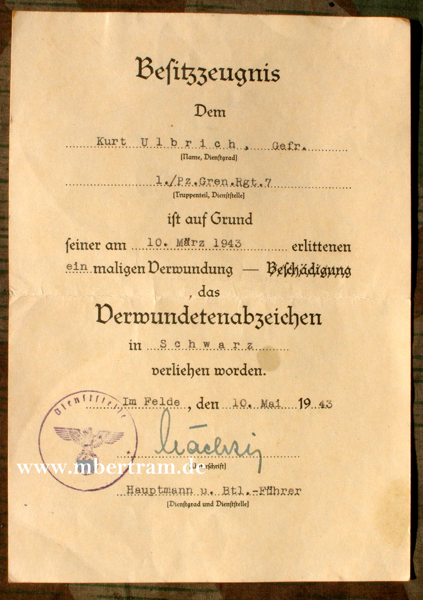 Besitzzeugnis Verwundeten Abzeichen schwarz 1.Pz.Gren.Rgt.7