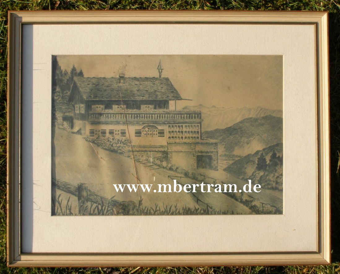 Gerahmte Kohlezeichnung von Hitlers" Berghof" ca. 37x47 cm