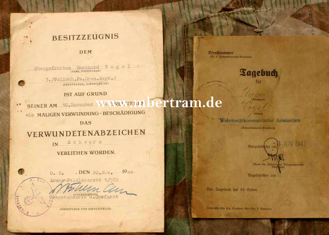 3./Fallsch.Pz.Gren.Rgt.2, Tagebuch Feldgend., Urkunde VWA