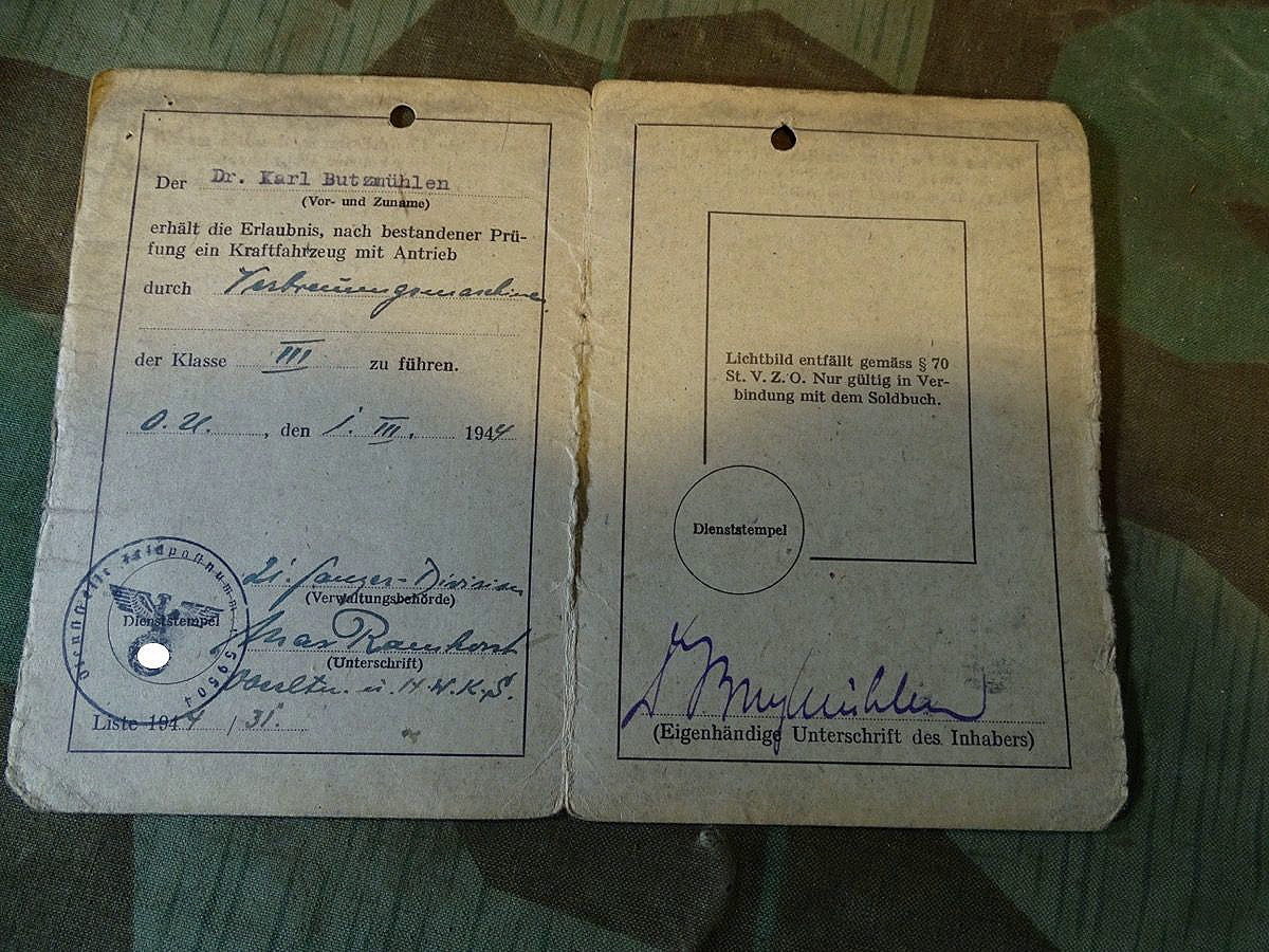 Wehrmacht Führerschein 1944, Dr. K.Butzmühlen aus SG,  21 Panzer Div. , Papier Variante