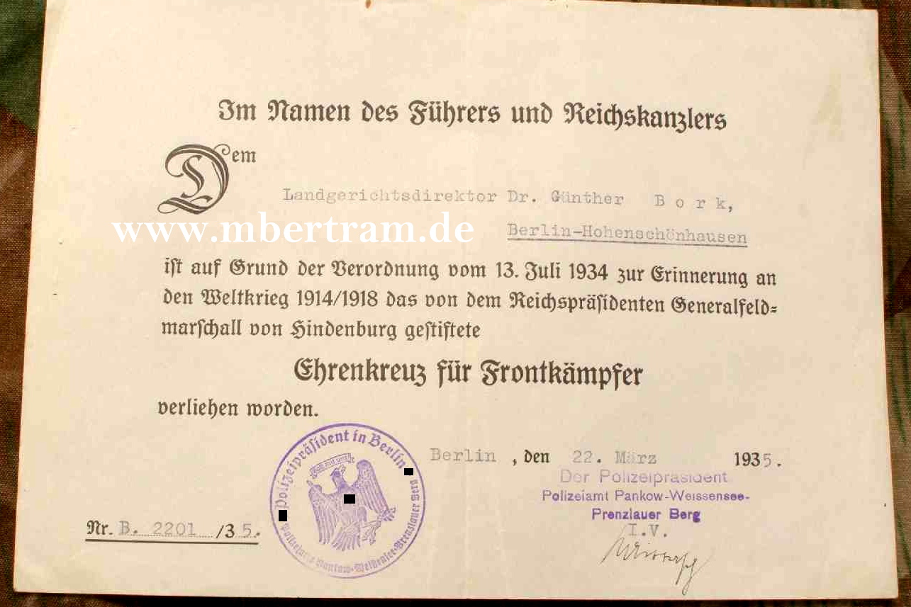 Urkunde für Ehrenkreuz für Frontkämpfer, Berlin 1935