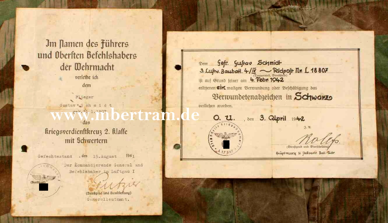 2 Urkunden LW: KvK, VWA, Signatur Gen. R. Putzier Luftgau 1