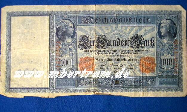 Reichsbanknote 100 Mark, kunstvoller Originalschein vor 1918