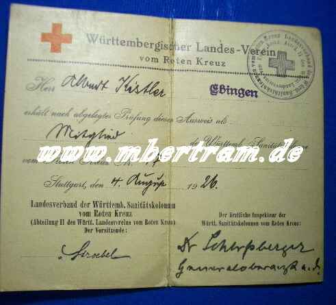 Mitgliedsausweis DRK Württemberg von 1926