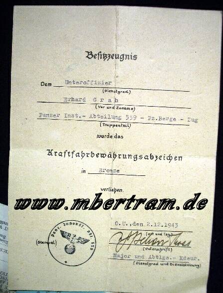 1005-3 Dokumente Pz.- Bergezug: Soldbuch, Verleihungs Urkunden