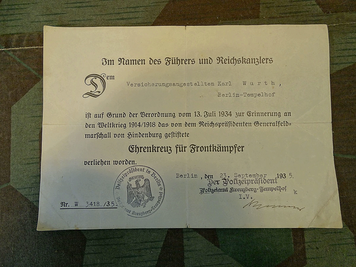 Urkunde für Ehrenkreuz für Frontkämpfer Berlin Tempelhof 1935