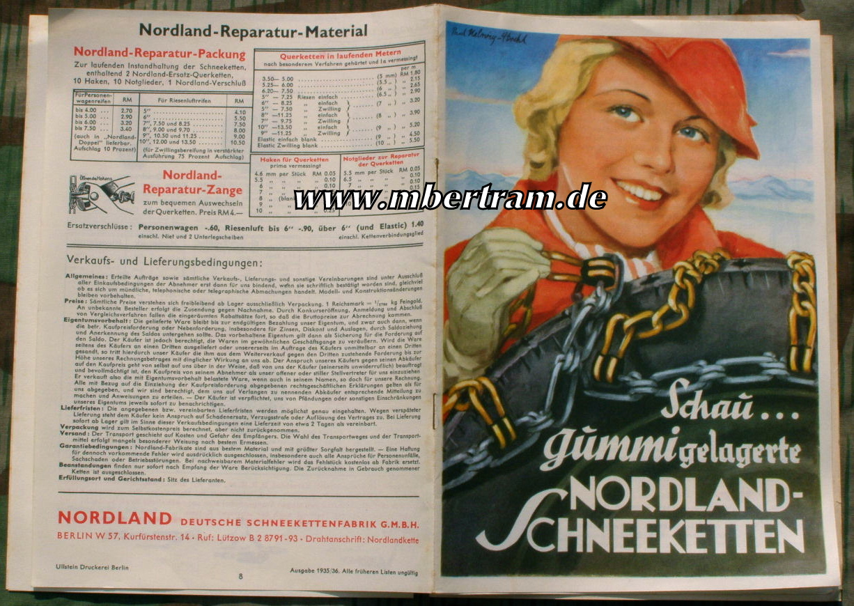 Bunter Werbeprospekt "Nordland Schneeketten" 1936