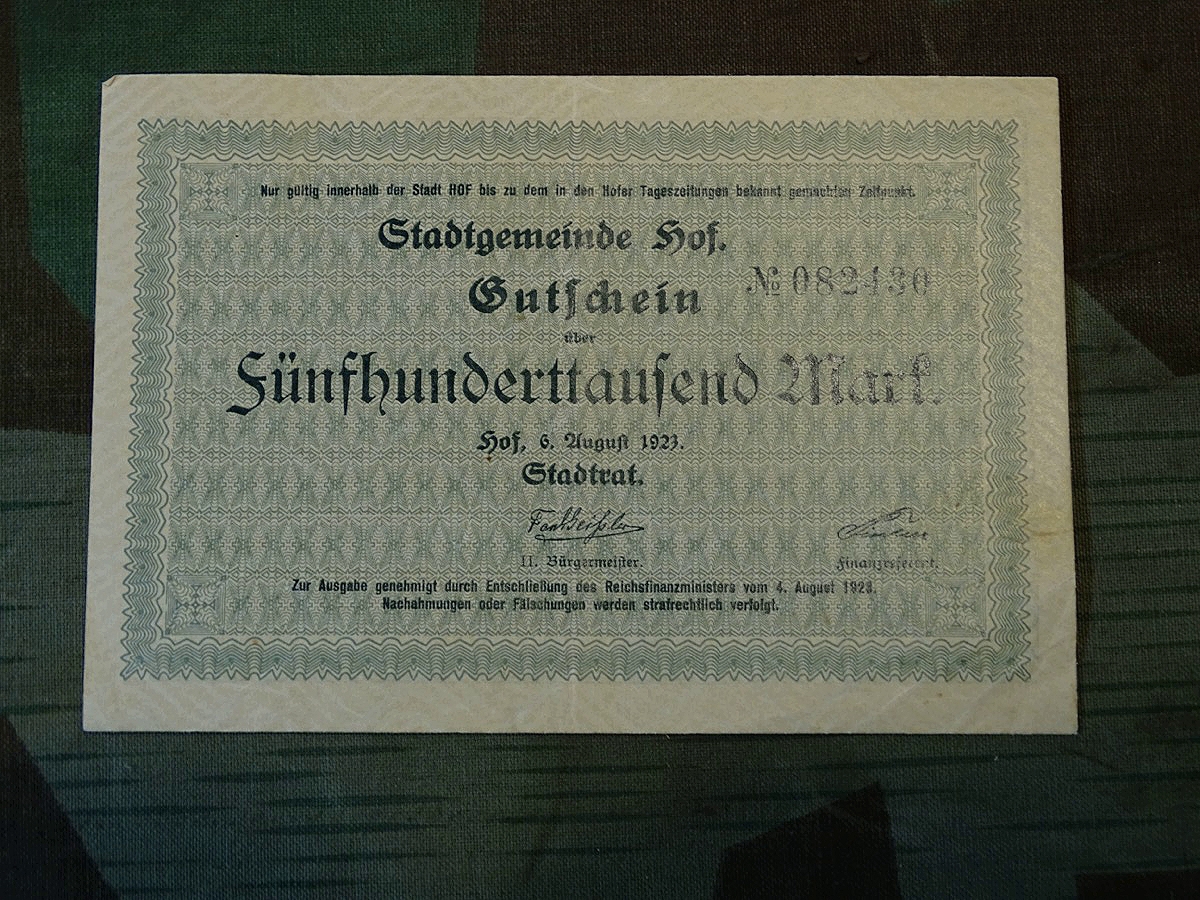 Stadtgemeinde Hof,  Kleine Auflage, kurz gedruckt. 500.000 Reichsmark  Original Geldschein goldene 20 `er Jahre und Inflationszeit... 