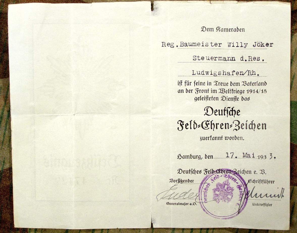 Besitzzeugniss Deutsches Feld Ehrenzeichen, Steuermann 1933