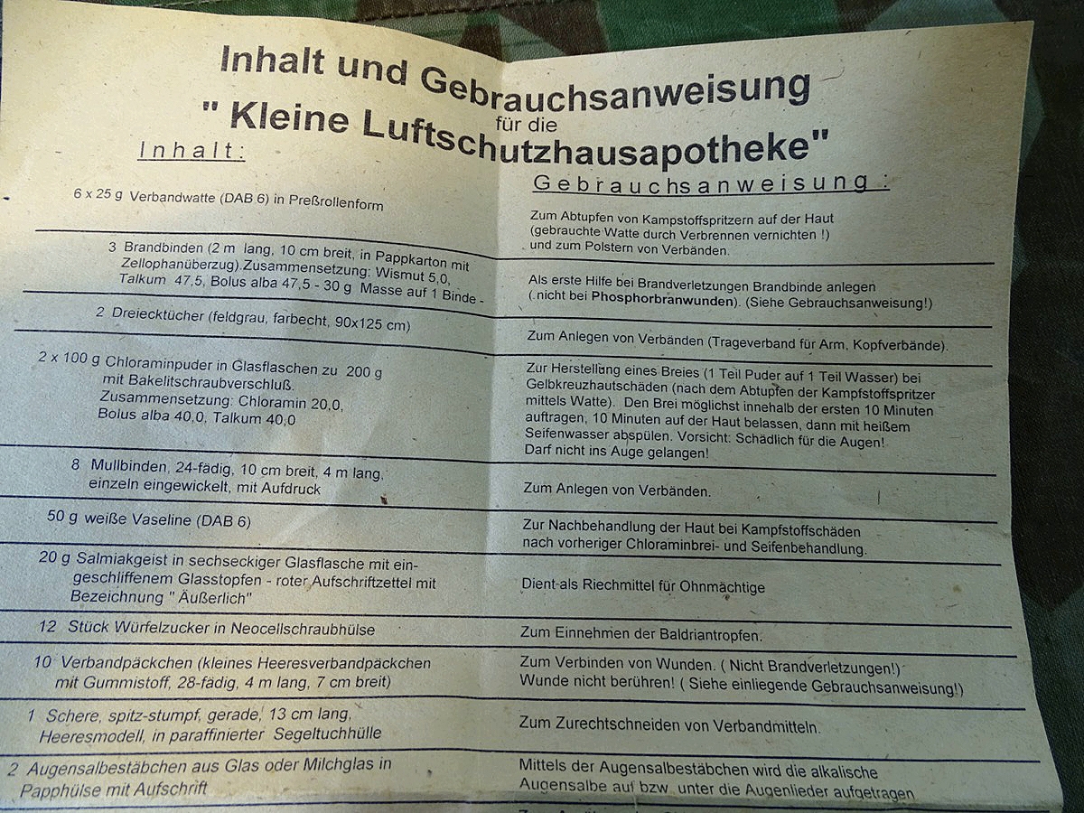 Inhalt und Gebrauchsanweisung für kleine Luftzschutz Hausapotheke, 2 Weltkrieg