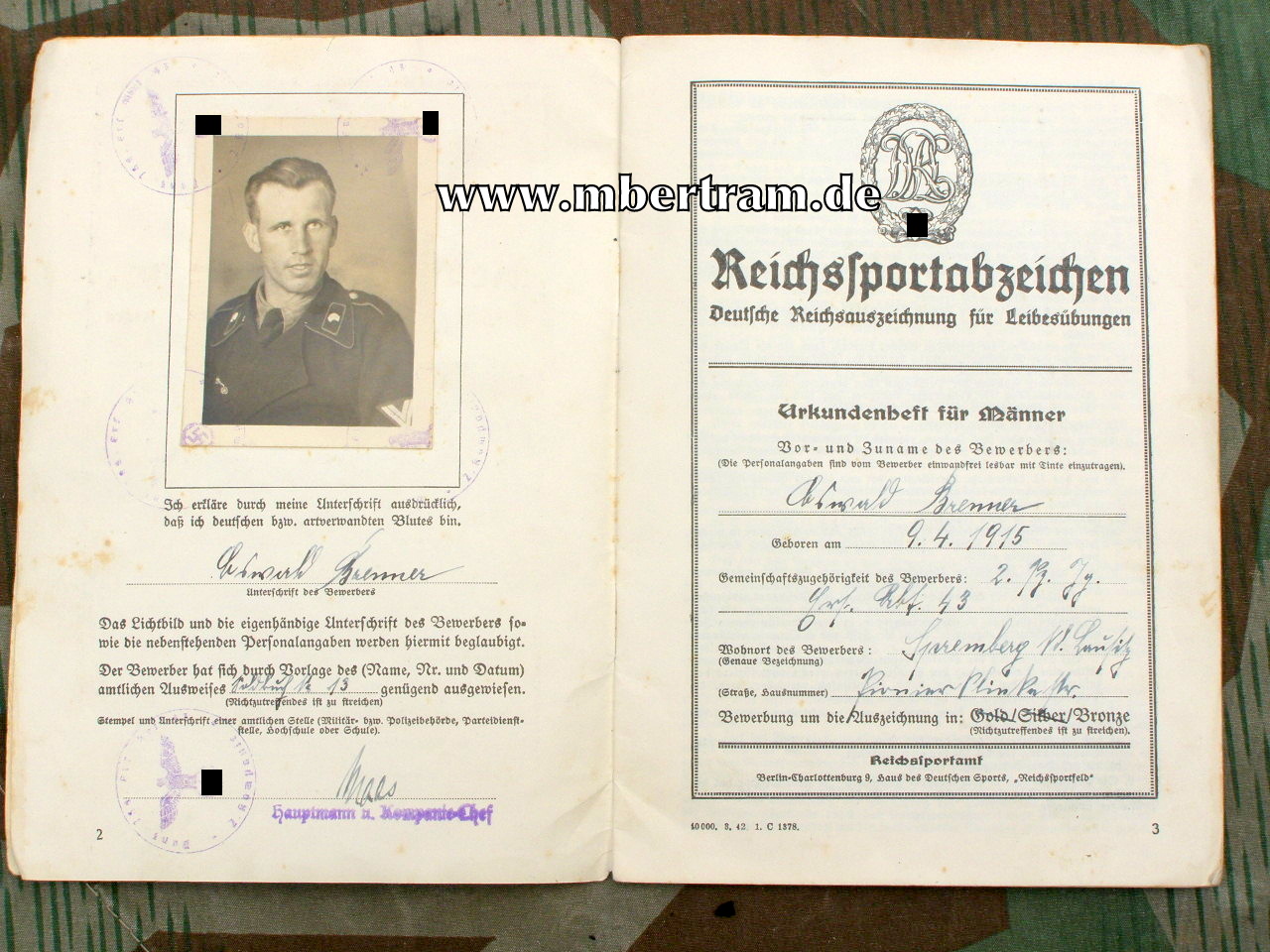 Urkunde DRL Sportabzeichen bronze, 2.Pz. Jg. Ers. Abt. 43