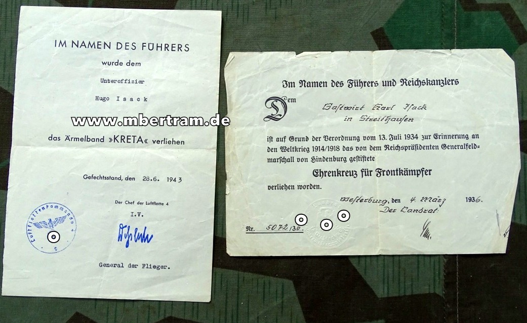 Urkunde Ärmelband " Kreta " und Ehrenkreuz f. Frontkämpfer