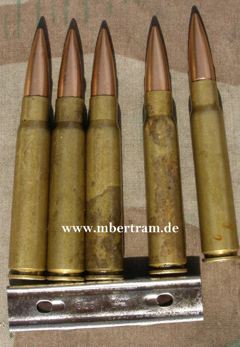 K 98/ K 43 Ladestreifen, 5 Messingpatronen, Kriegsfertigung