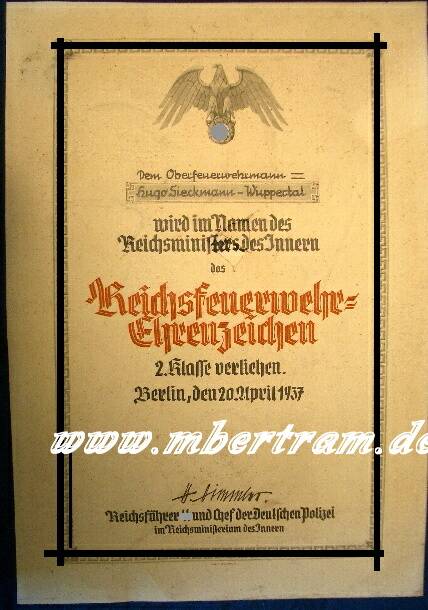 Schmuckurkunde " Reichsfeuerwehr Ehrenzeichen 2.Kl. 1937