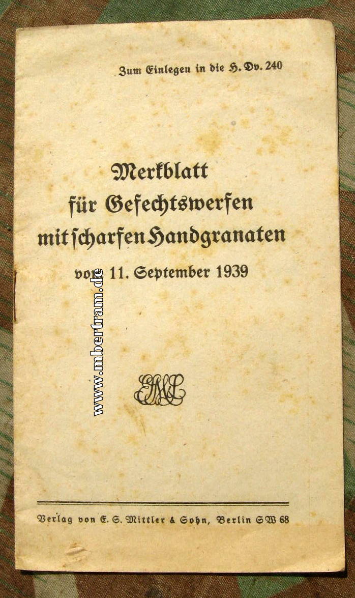 Merkblatt f. Gefechtswerfen mit scharfen Handgranaten, 1939