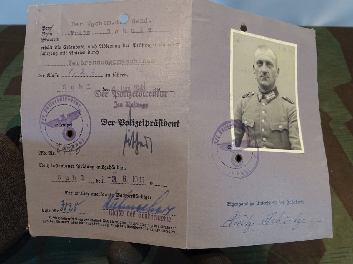 Führerschein Wachtmeister der Gendarmerie zum Führen staatlicher Fahrzeuge, Kl. 1.,2.,3, Suhl, 1941