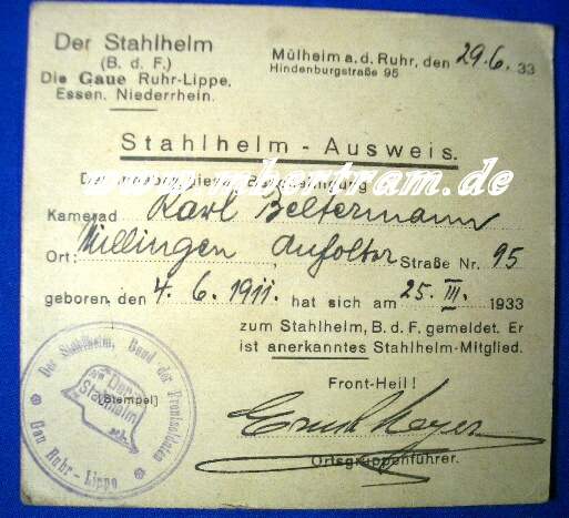 Mitgliedsausweis: Bund der Frontsoldaten " Der Stahlhelm"