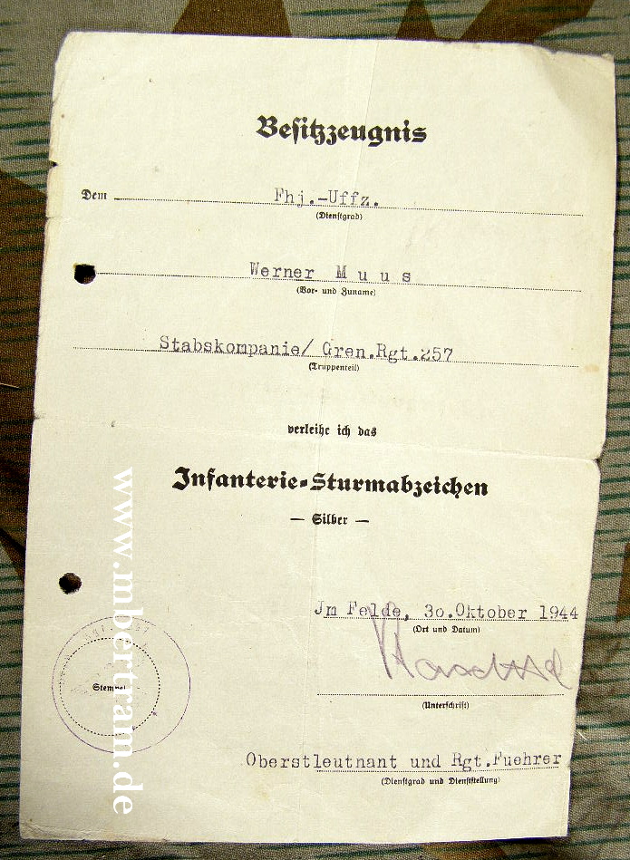 Besitzzeugniss Infanterie Sturmabzeichen in silber, 1944