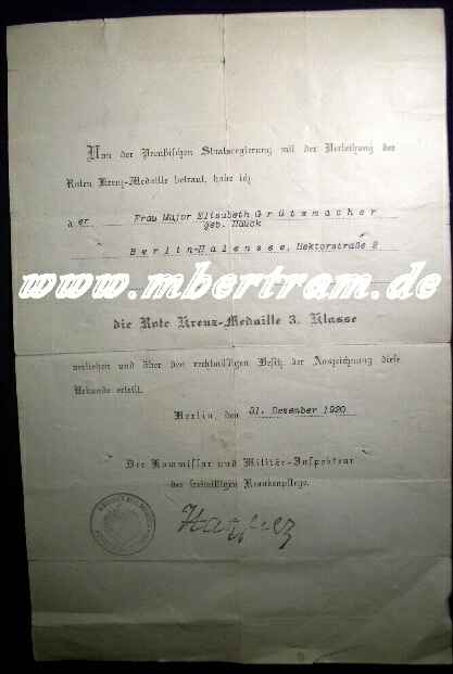 Urkunde Rote Kreuz Medaille 3. Kl. ,1920. Relativ selten