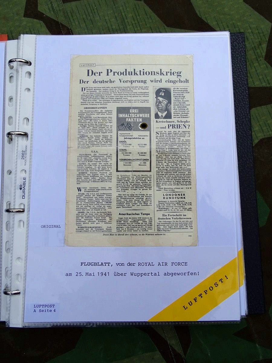 Ordner mit Allierten Abwurf Propaganda Flugblättern des 2. Weltkriegs, 17 Original, 10 Kopie Ordner mit Allierten Abwurf Propaganda Flugblättern des 2. Weltkriegs, 17 Original, 10 Kopie