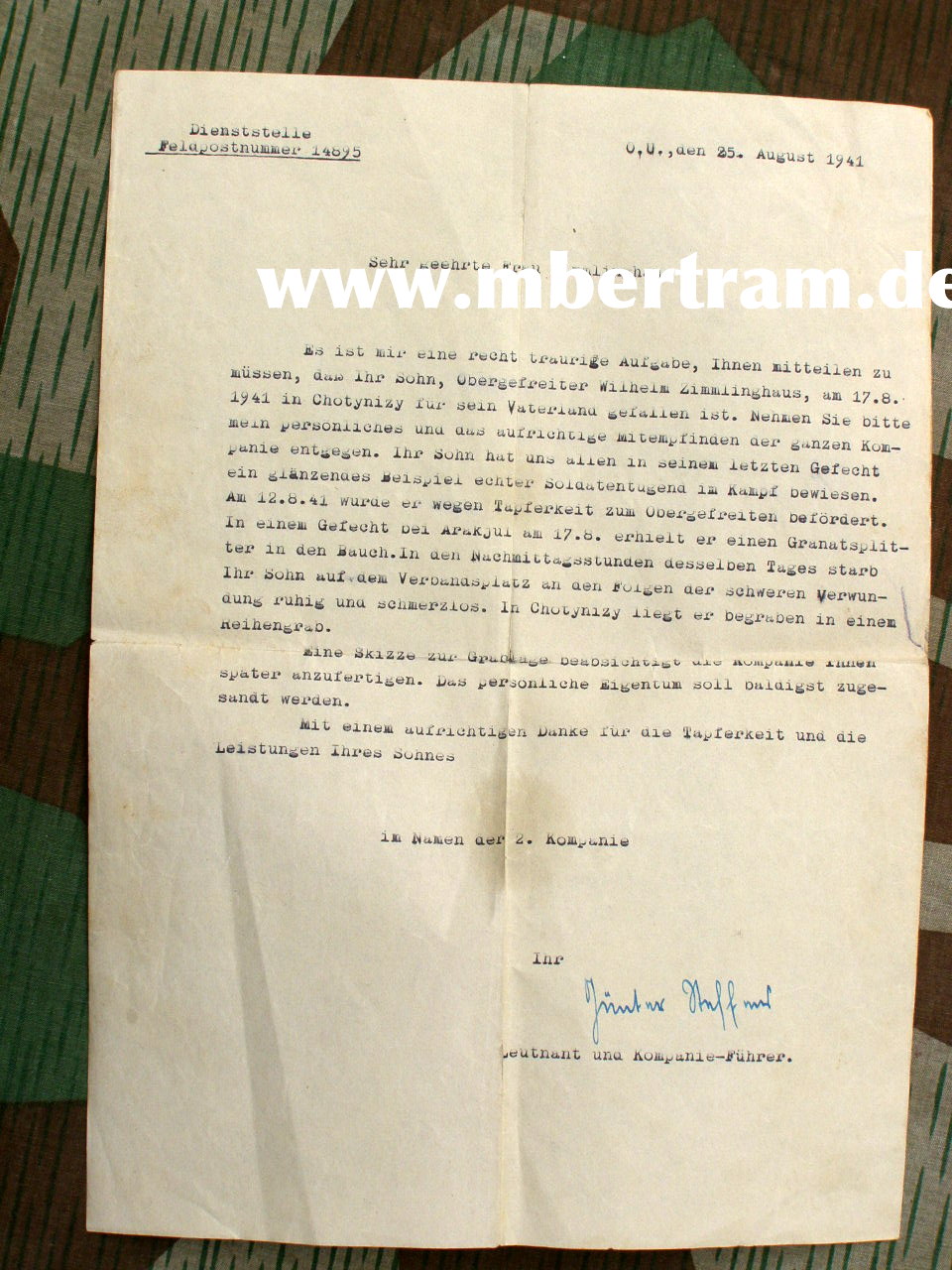 Besitzzeugnis Panzerkampfabzeichen Bronze 3.8.1941