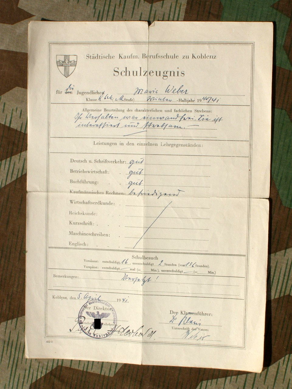 11382-15 Gehilfenbrief Wirtschafts-Treuhänderbüros 1943, Papiere....